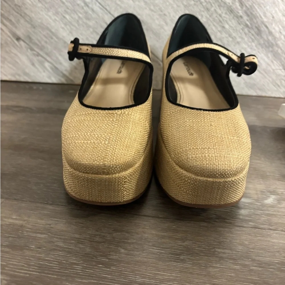 Larroude | Blair Platform Mary Jane Shoes In Raffia Beige Black Size 6.5 NEW